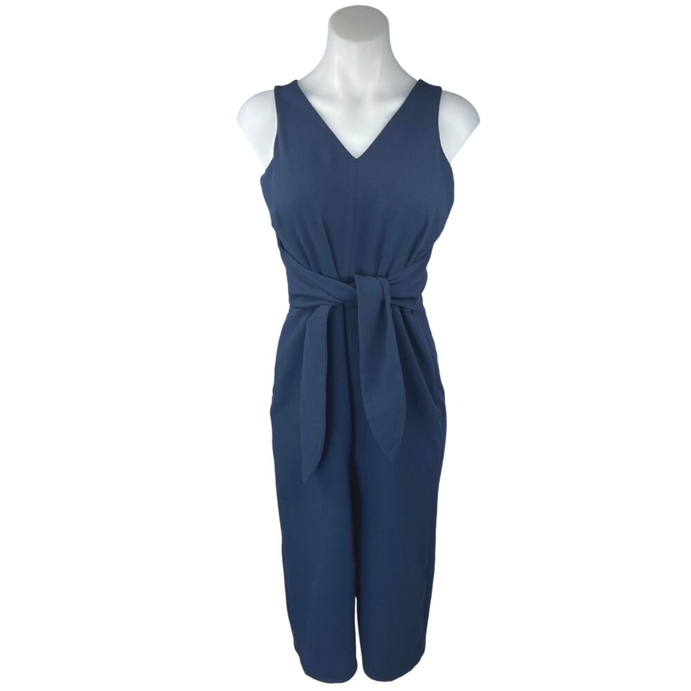 Ann Taylor LOFT Navy Blue Sleeveless Tie Waist V-Neck Cropped Jumpsuit Size 0